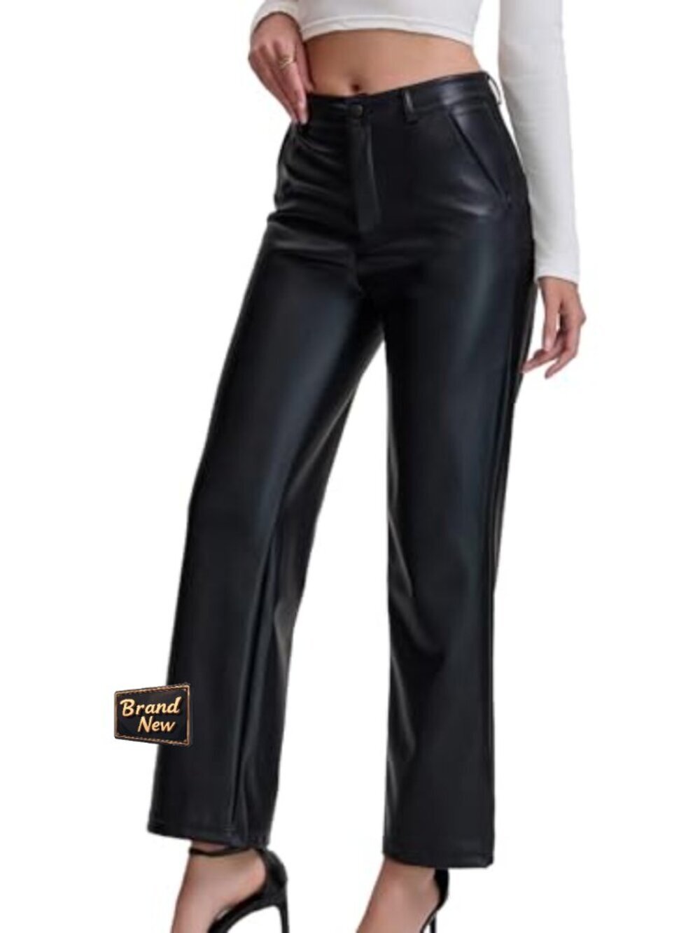 High Waist Faux Leather PU Straight Leg Wide Leg Trousers Pockets - Picture 3 of 7